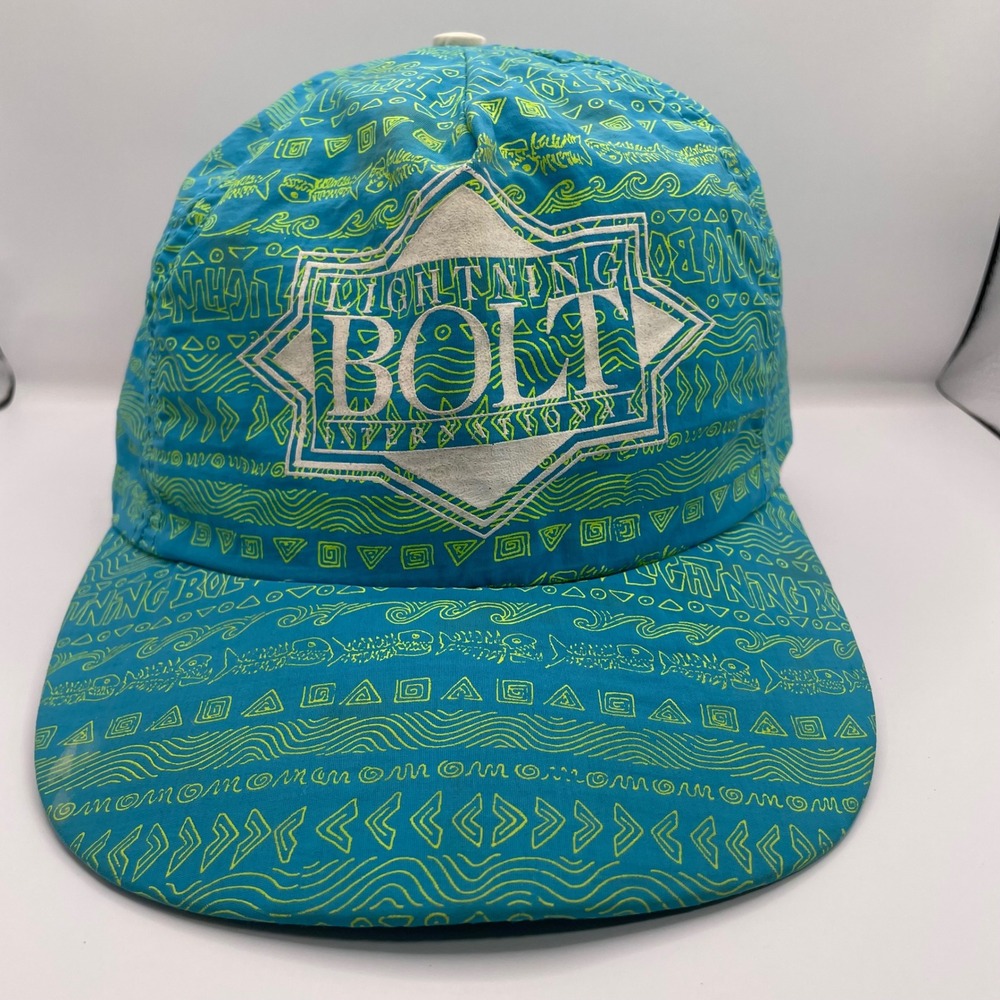 Vintage Lightning Bolt Snapback Hat Made in USA Teal Green Surf Tribal Print Cap